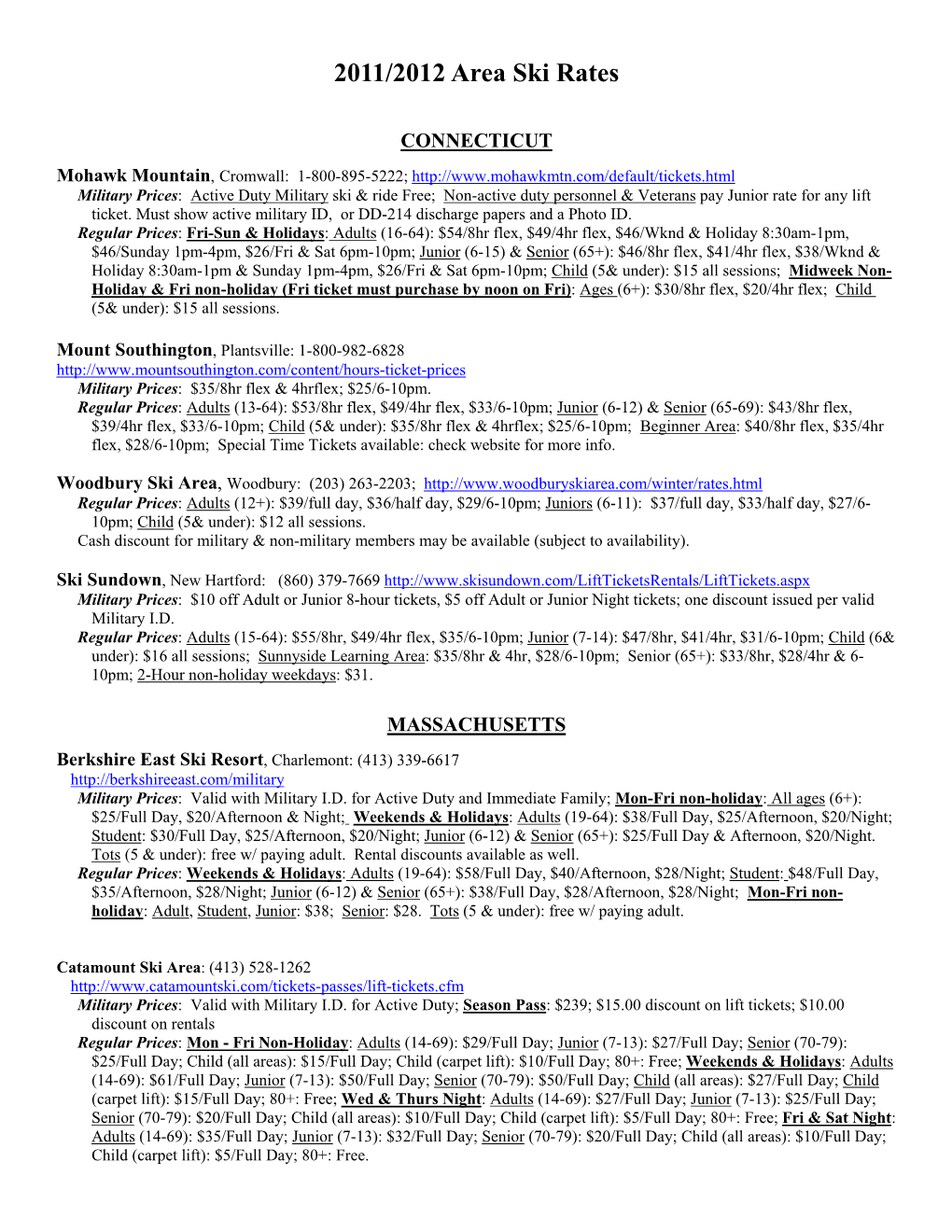 2011/2012 Area Ski Rates