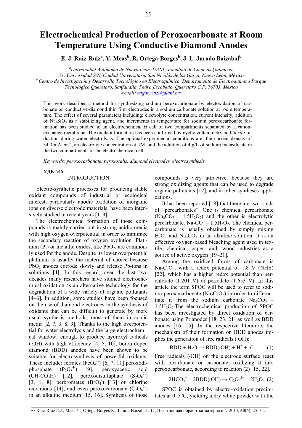 Electrochemical Production of Peroxocarbonate at Room Temperature Using Conductive Diamond Anodes