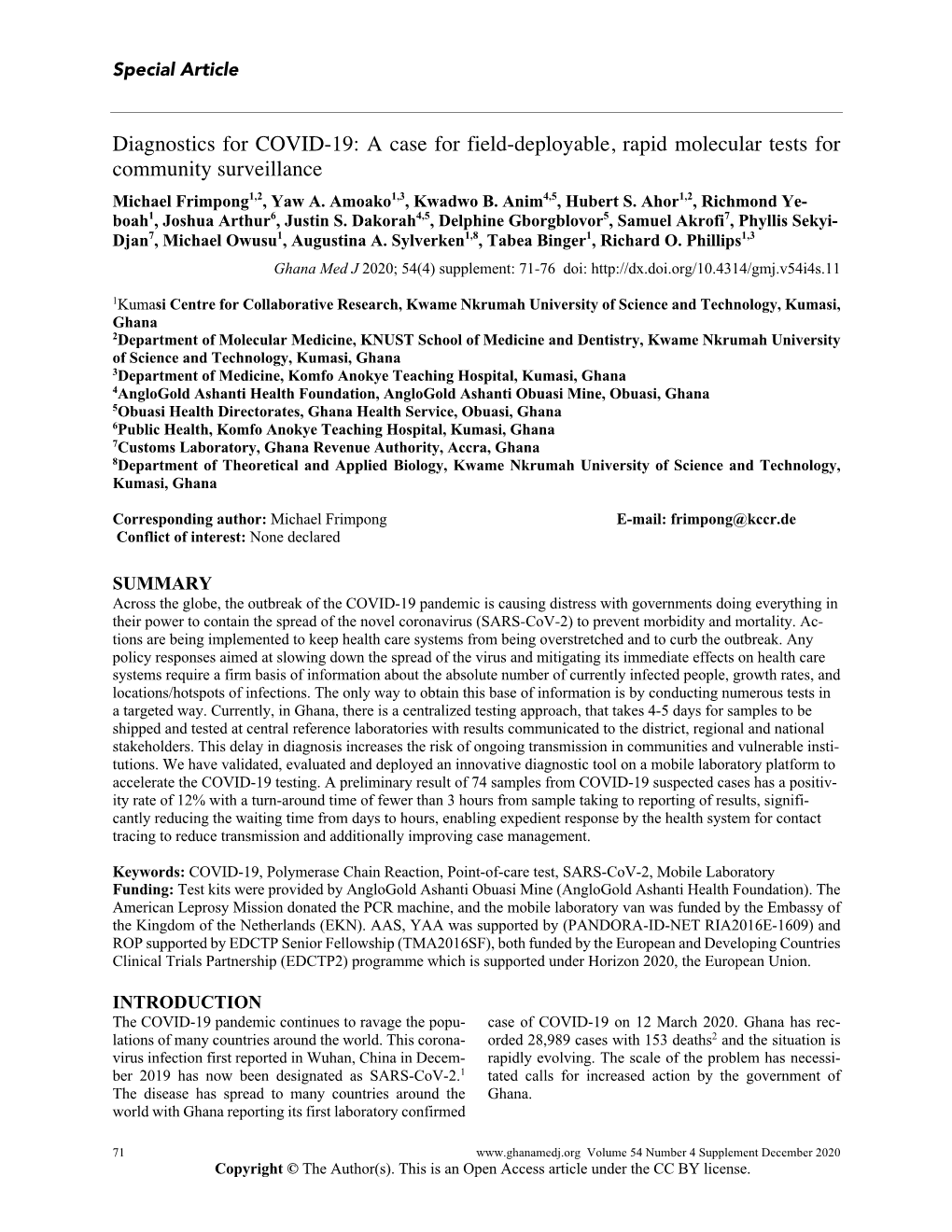 Diagnostics for COVID-19: a Case for Field-Deployable, Rapid Molecular Tests for Community Surveillance Michael Frimpong1,2, Yaw A