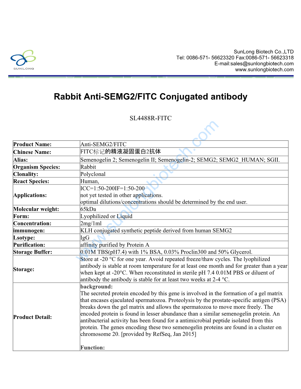 Rabbit Anti-SEMG2/FITC Conjugated Antibody-SL4488R-FITC