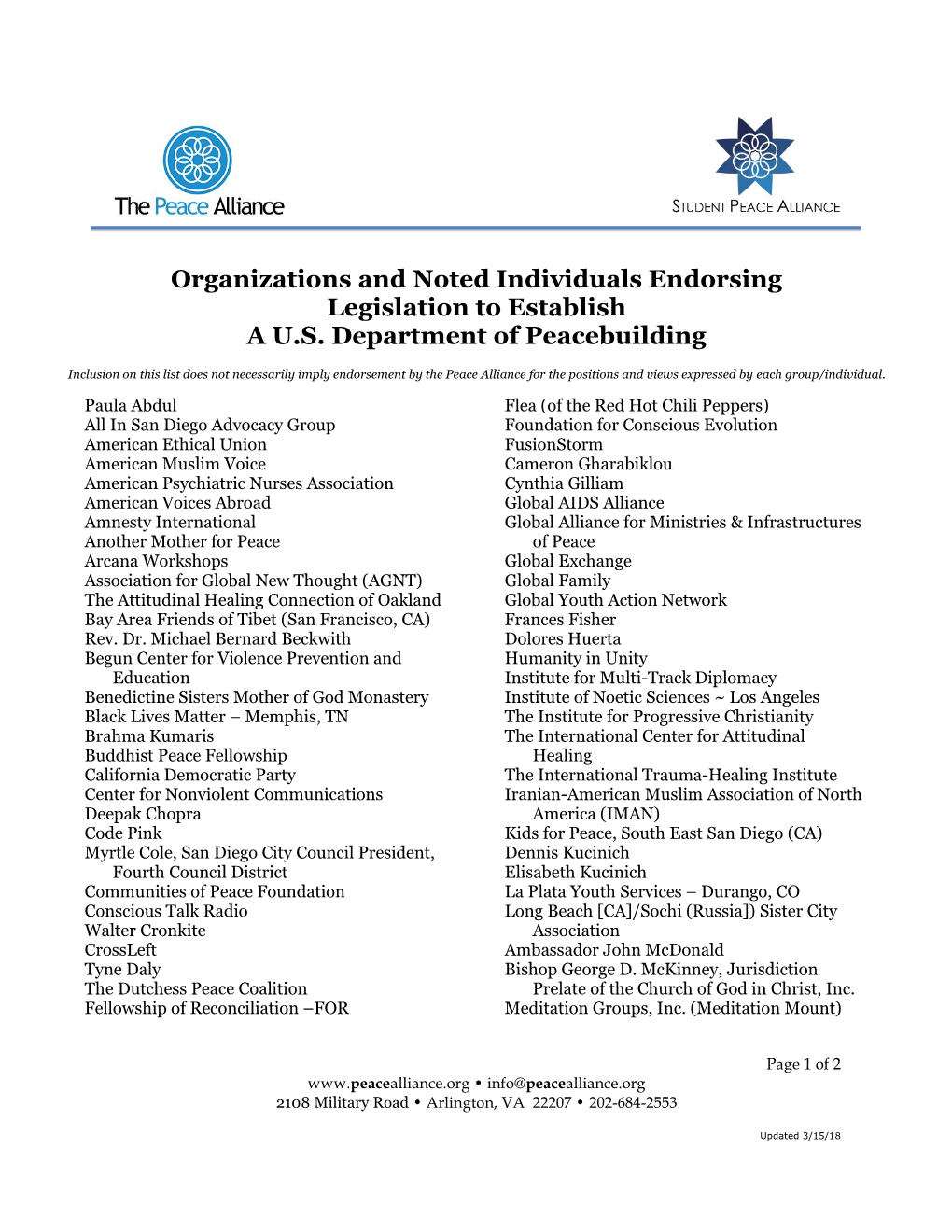 Organizations and Noted Individuals Endorsing Legislation to Establish a U.S. Department of Peacebuilding