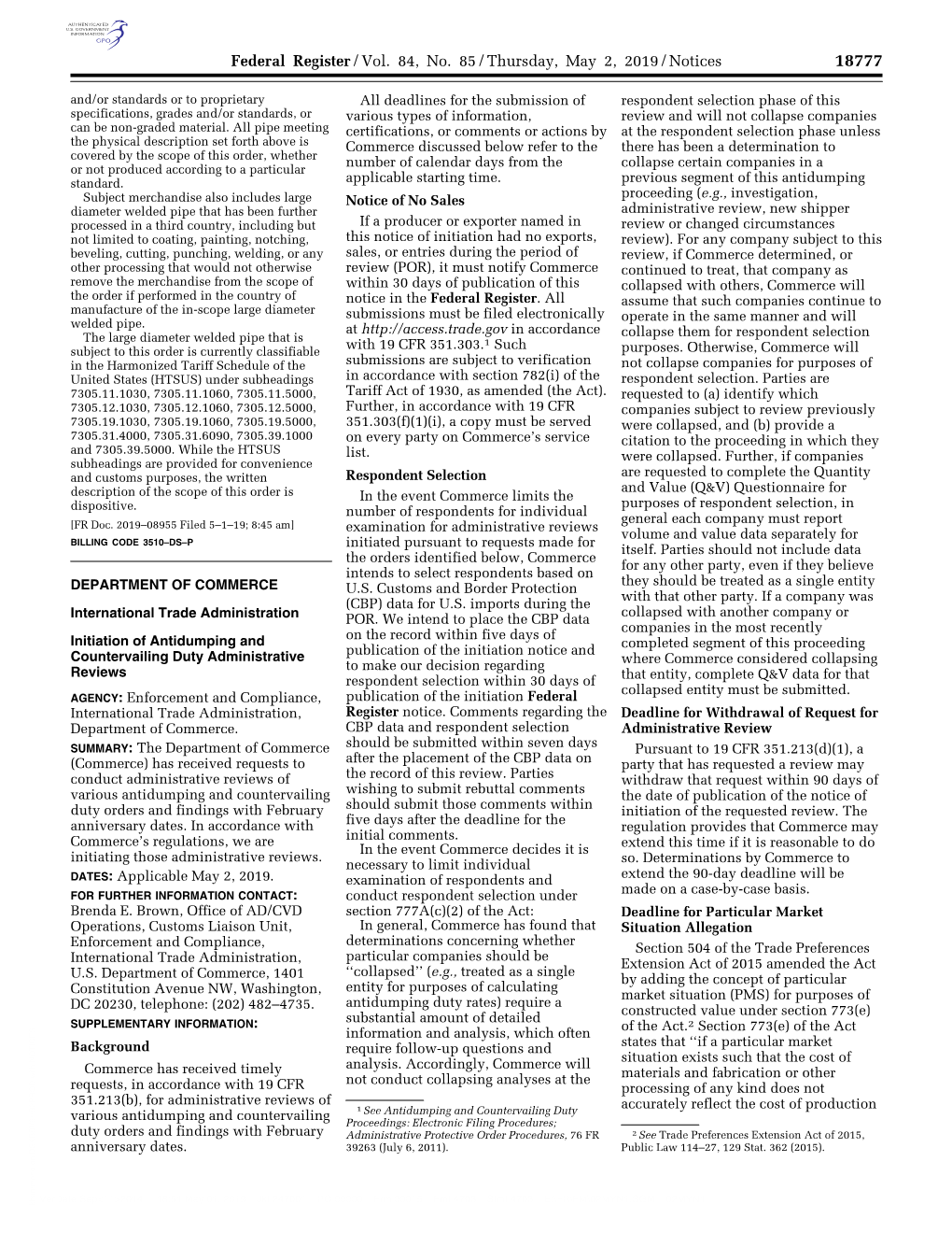 Federal Register/Vol. 84, No. 85/Thursday, May 2, 2019/Notices