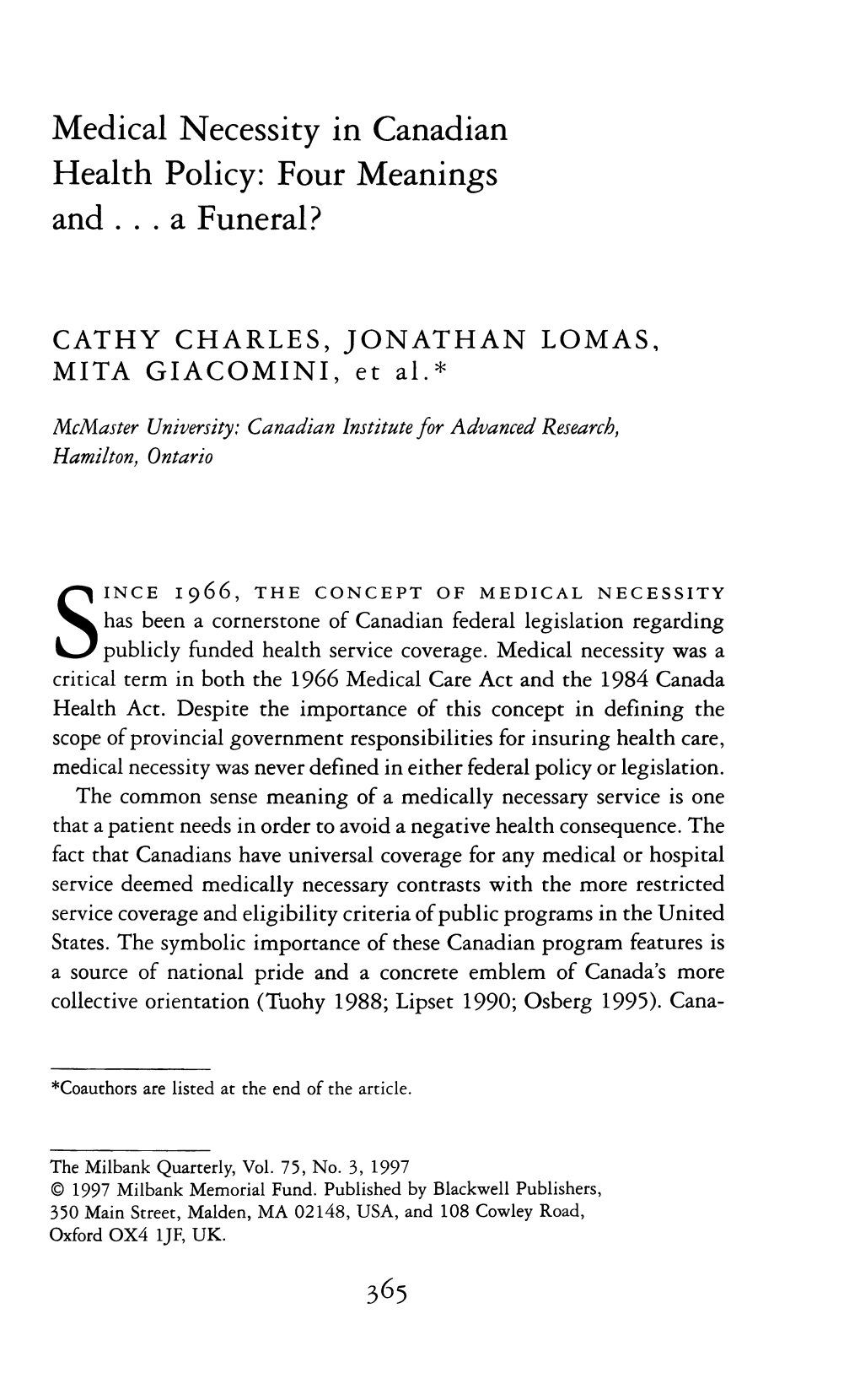 Medical Necessity in Canadian Health Policy: Four Meanings and