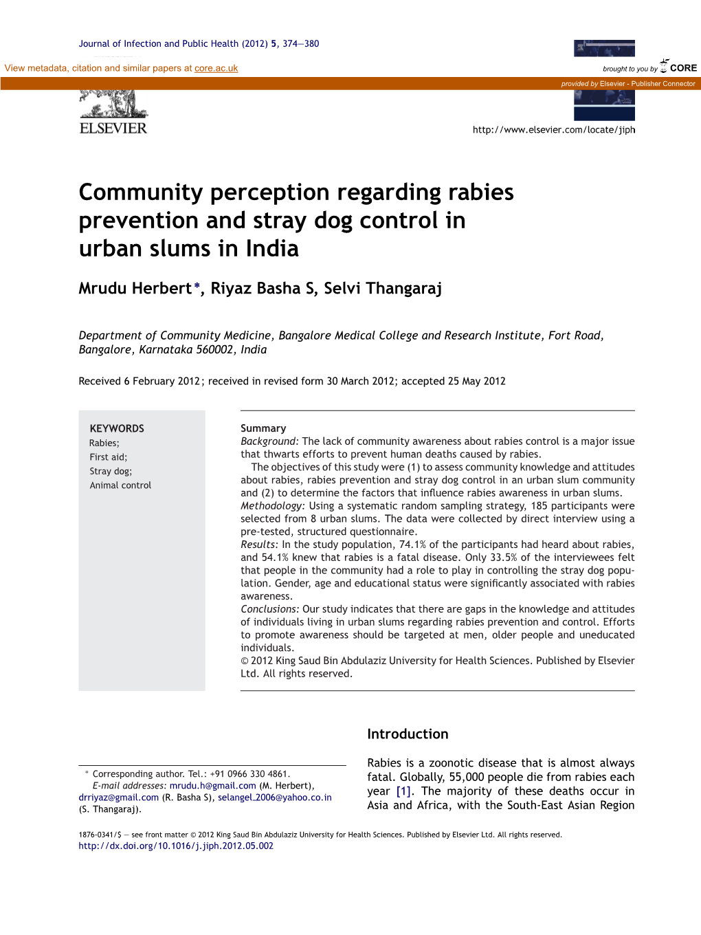 Community Perception Regarding Rabies Prevention and Stray Dog