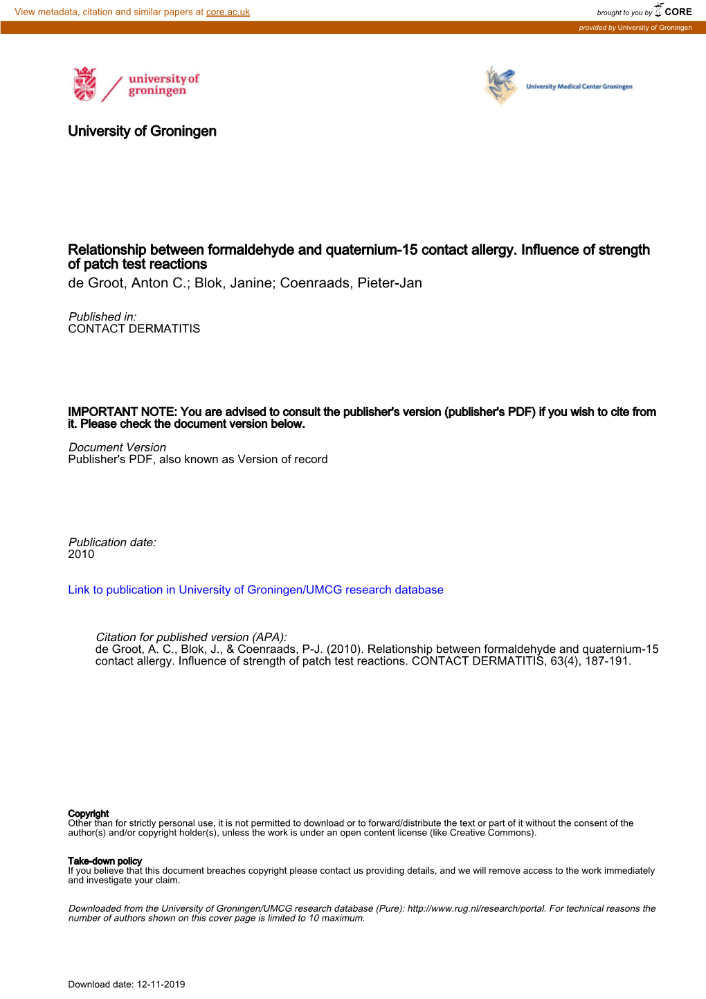 Relationship Between Formaldehyde and Quaternium15 Contact