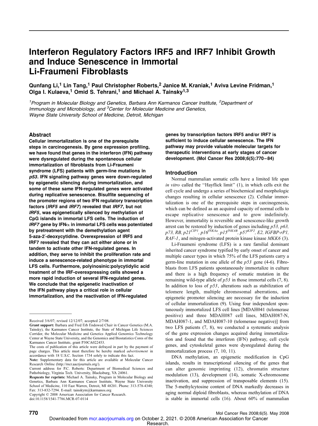 Interferon Regulatory Factors IRF5 and IRF7 Inhibit Growth and Induce Senescence in Immortal Li-Fraumeni Fibroblasts