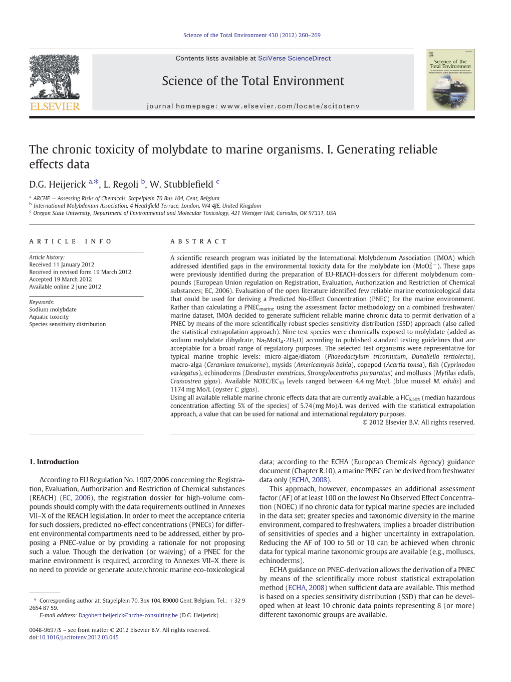 The Chronic Toxicity of Molybdate to Marine Organisms. I. Generating Reliable Effects Data