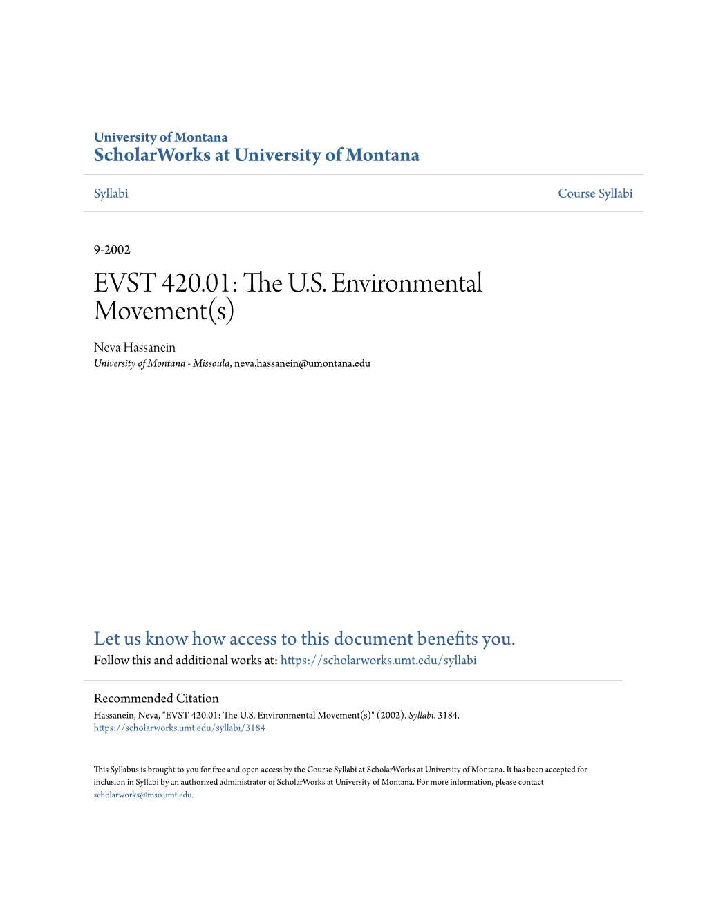 EVST 420.01: the U.S. Environmental Movement(S)