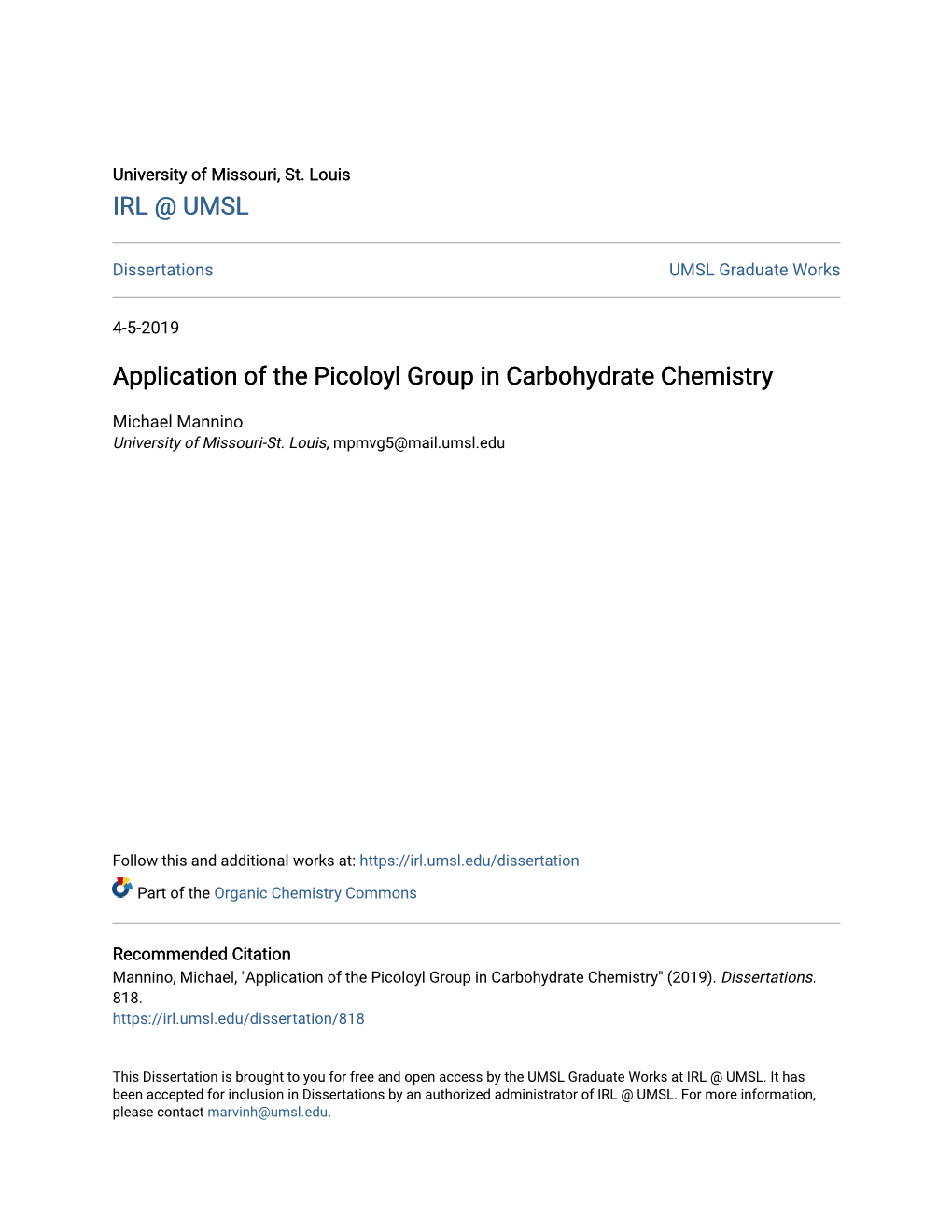 Application of the Picoloyl Group in Carbohydrate Chemistry