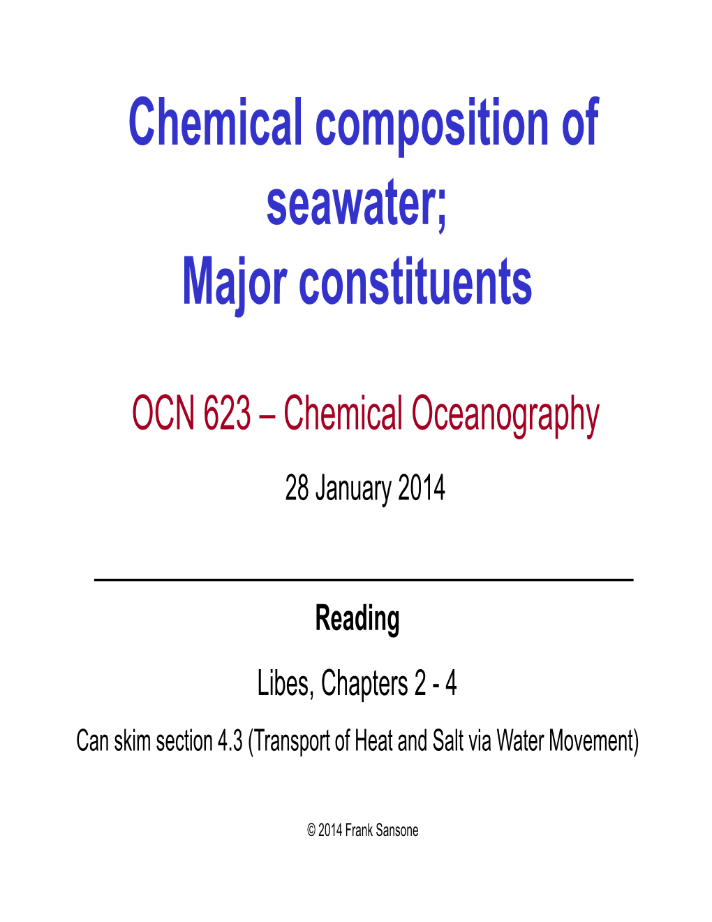 Chemical Composition of Seawater; Major Constituents