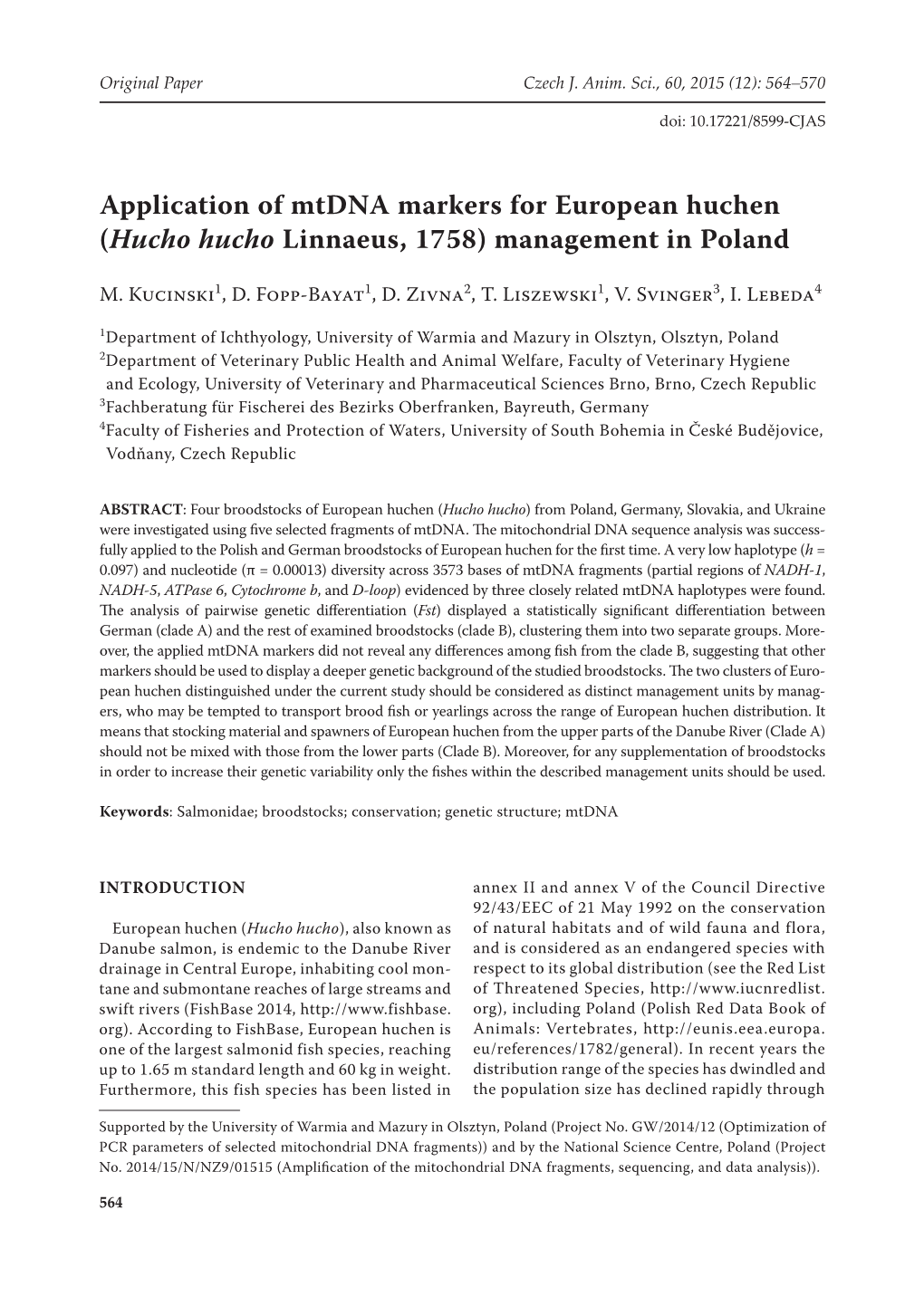 Application of Mtdna Markers for European Huchen (Hucho Hucho Linnaeus, 1758) Management in Poland