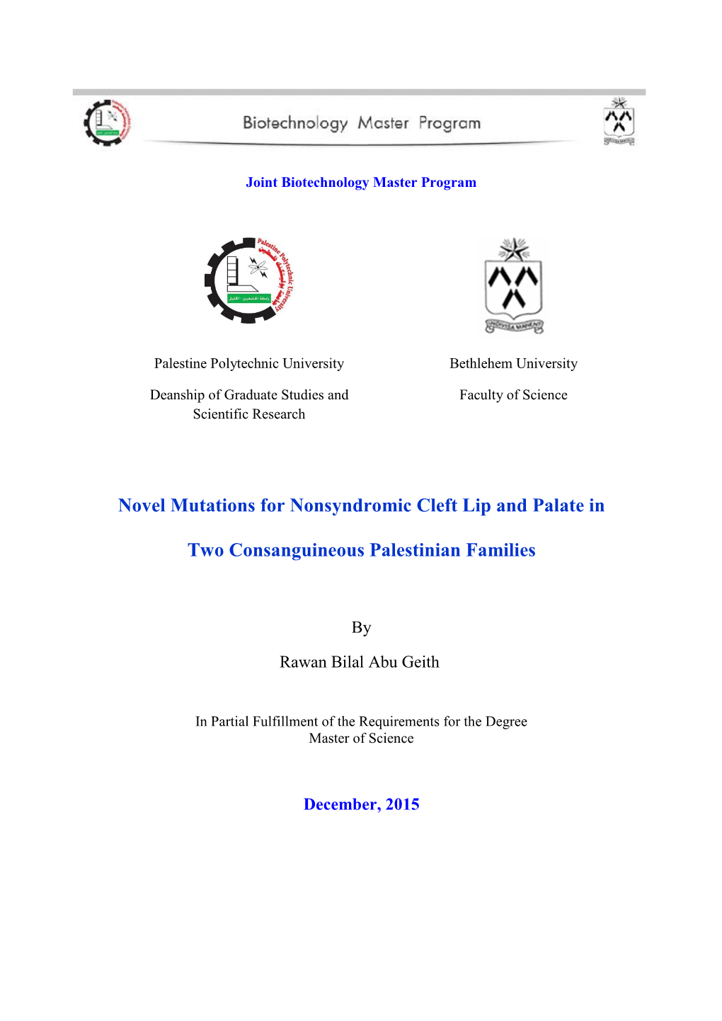 Novel Mutations for Nonsyndromic Cleft Lip and Palate in Two Consanguineous Palestinian Families