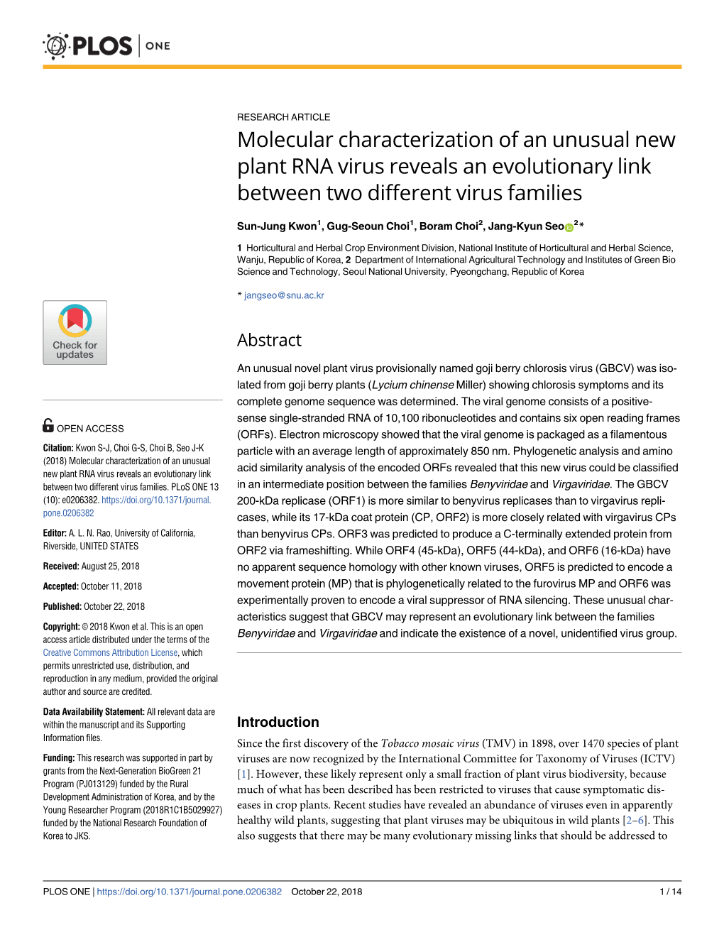 Molecular Characterization of an Unusual New Plant RNA Virus Reveals an Evolutionary Link Between Two Different Virus Families