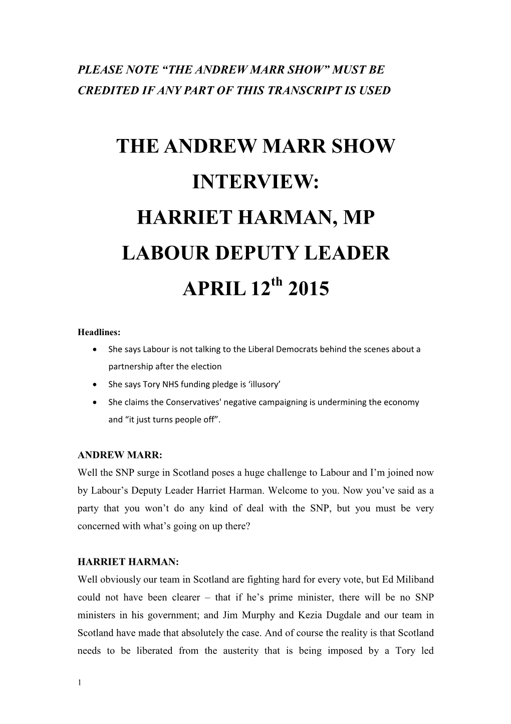 Harriet Harman, Mp Labour Deputy Leader April 12 2015