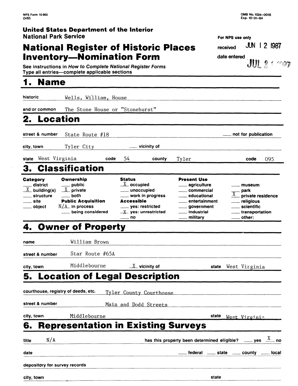 National Register of Historic Places Inventory Nomination Form William Wells House, "Stonehurst", Tyler County Continuation Sheet ______Item Number 7______Page 2