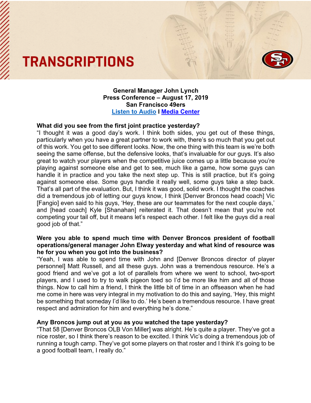 General Manager John Lynch Press Conference – August 17, 2019 San Francisco 49Ers Listen to Audio I Media Center