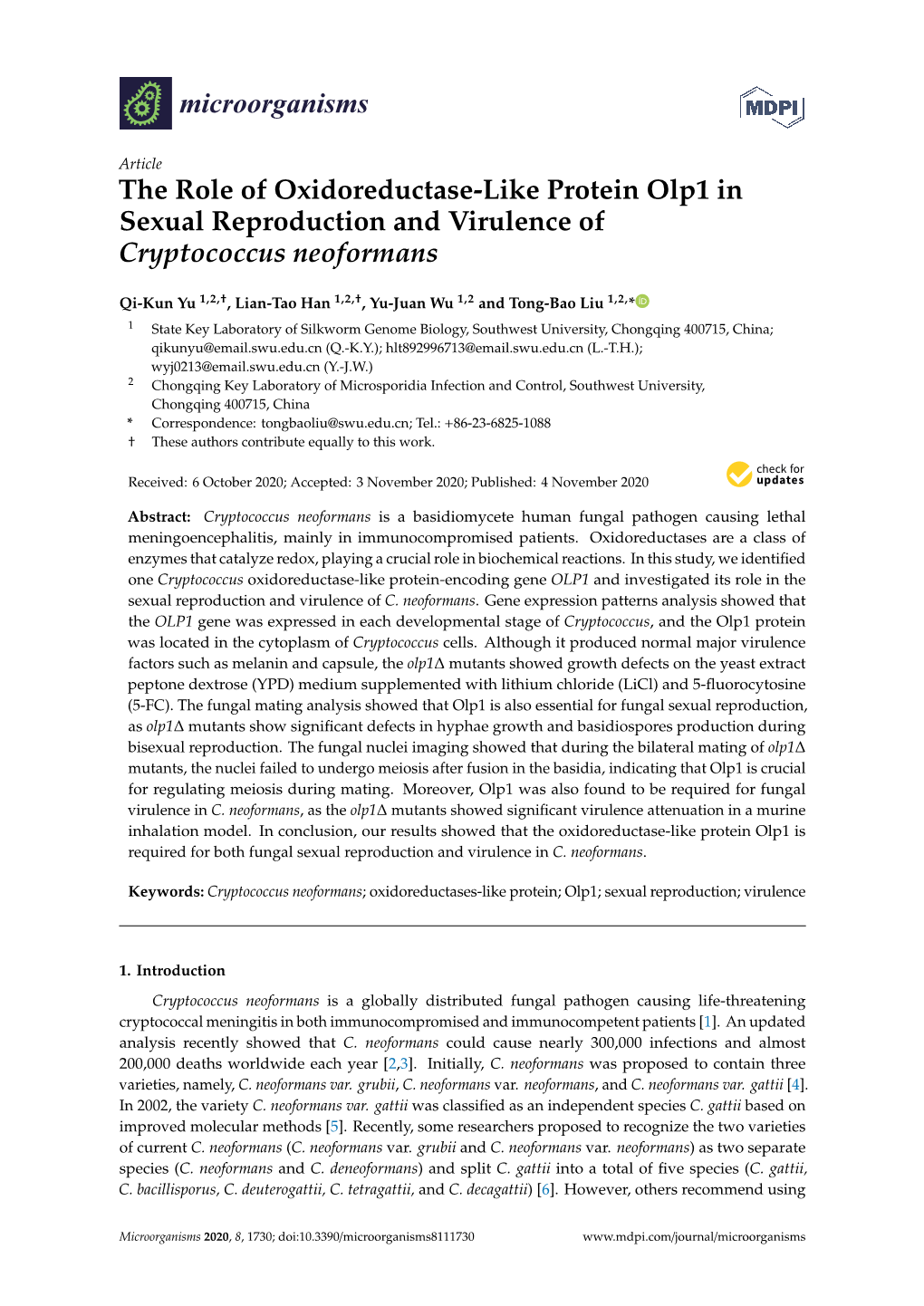 The Role of Oxidoreductase-Like Protein Olp1 in Sexual Reproduction and Virulence of Cryptococcus Neoformans