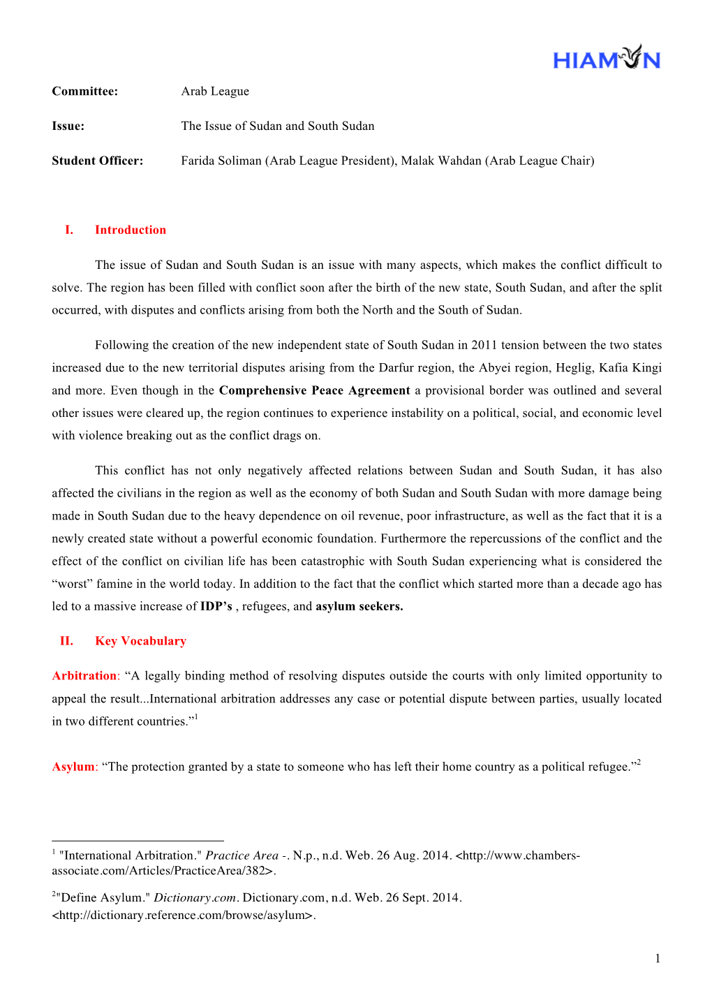 Arab League Issue: the Issue of Sudan and South Sudan Student Officer