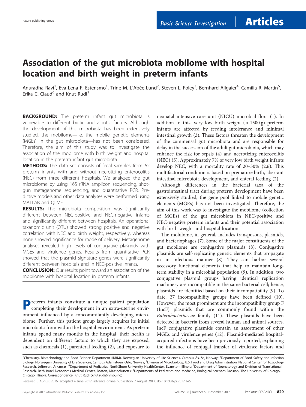 Association of the Gut Microbiota Mobilome with Hospital Location and Birth Weight in Preterm Infants