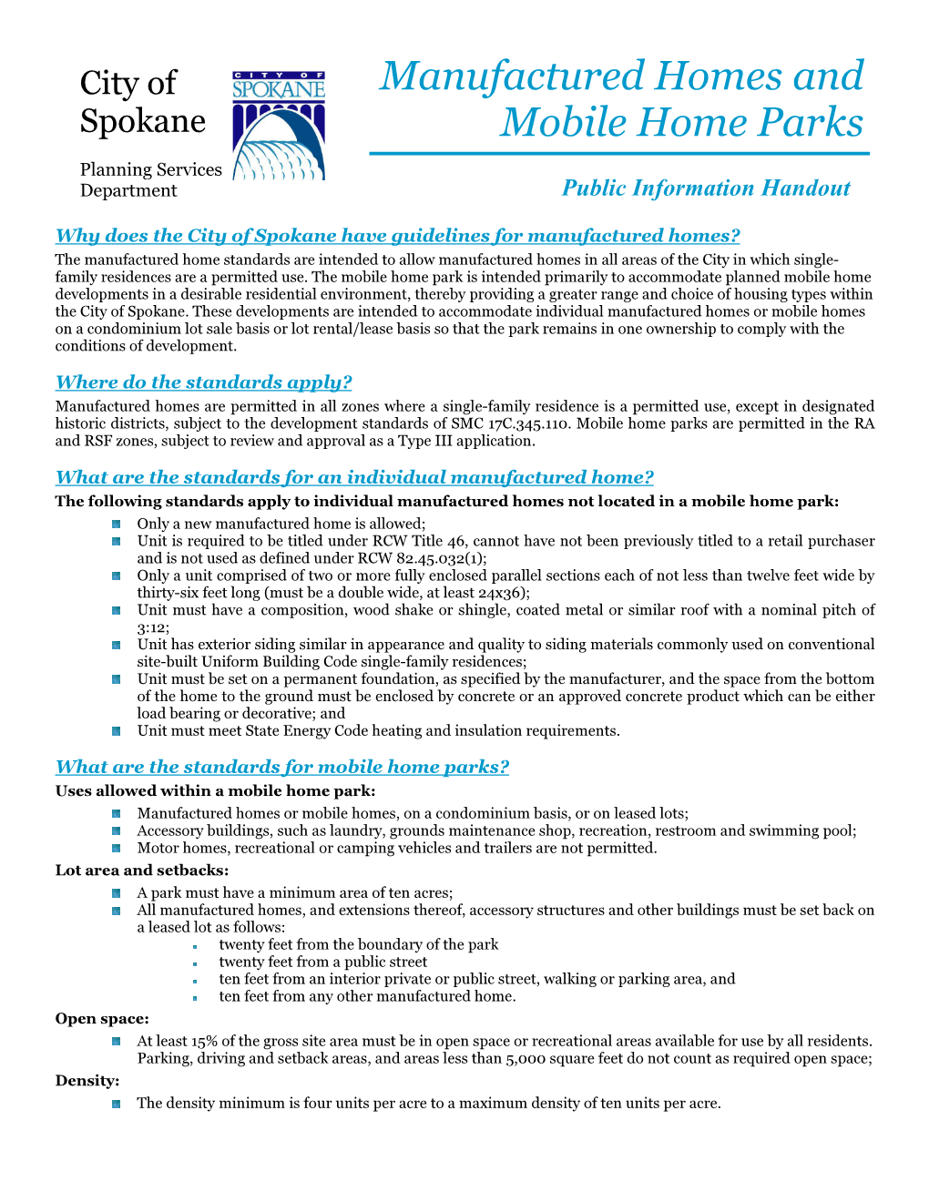 Manufactured Home and Park Public Information Handout 2009