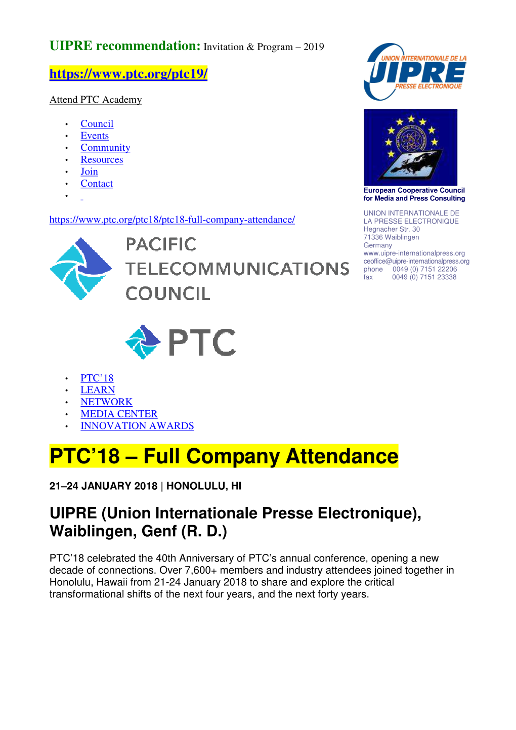 UIPRE Recommendation PTC 2019 Full Company Attendance 2018 25