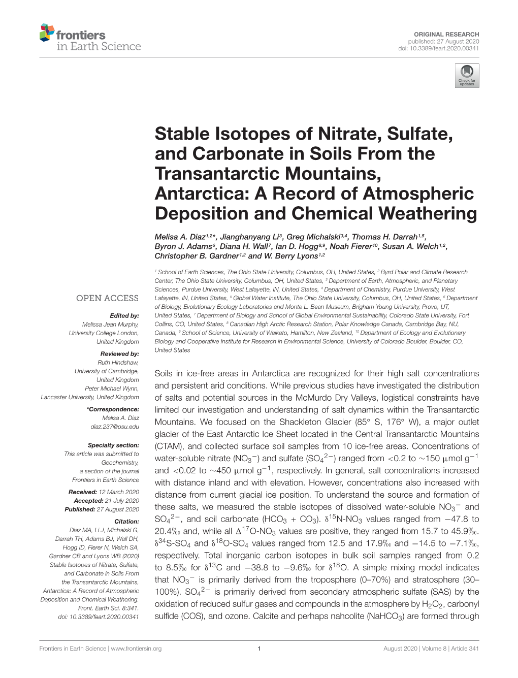 Stable Isotopes of Nitrate, Sulfate, and Carbonate in Soils from the Transantarctic Mountains, Antarctica: a Record of Atmospheric Deposition and Chemical Weathering