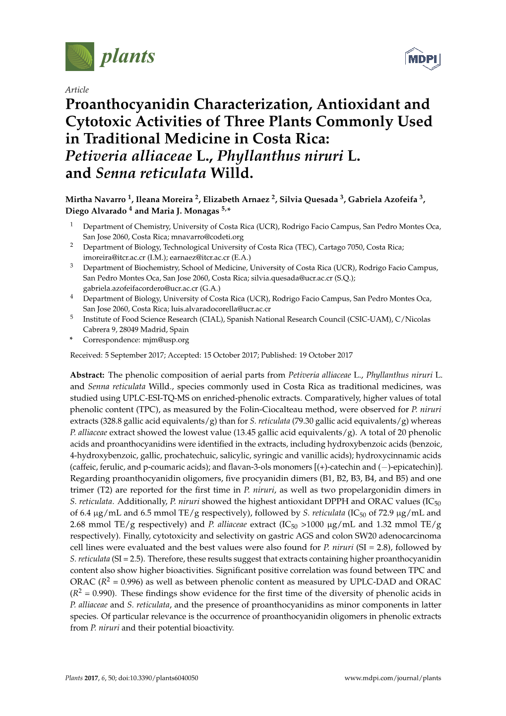 Proanthocyanidin Characterization, Antioxidant and Cytotoxic Activities