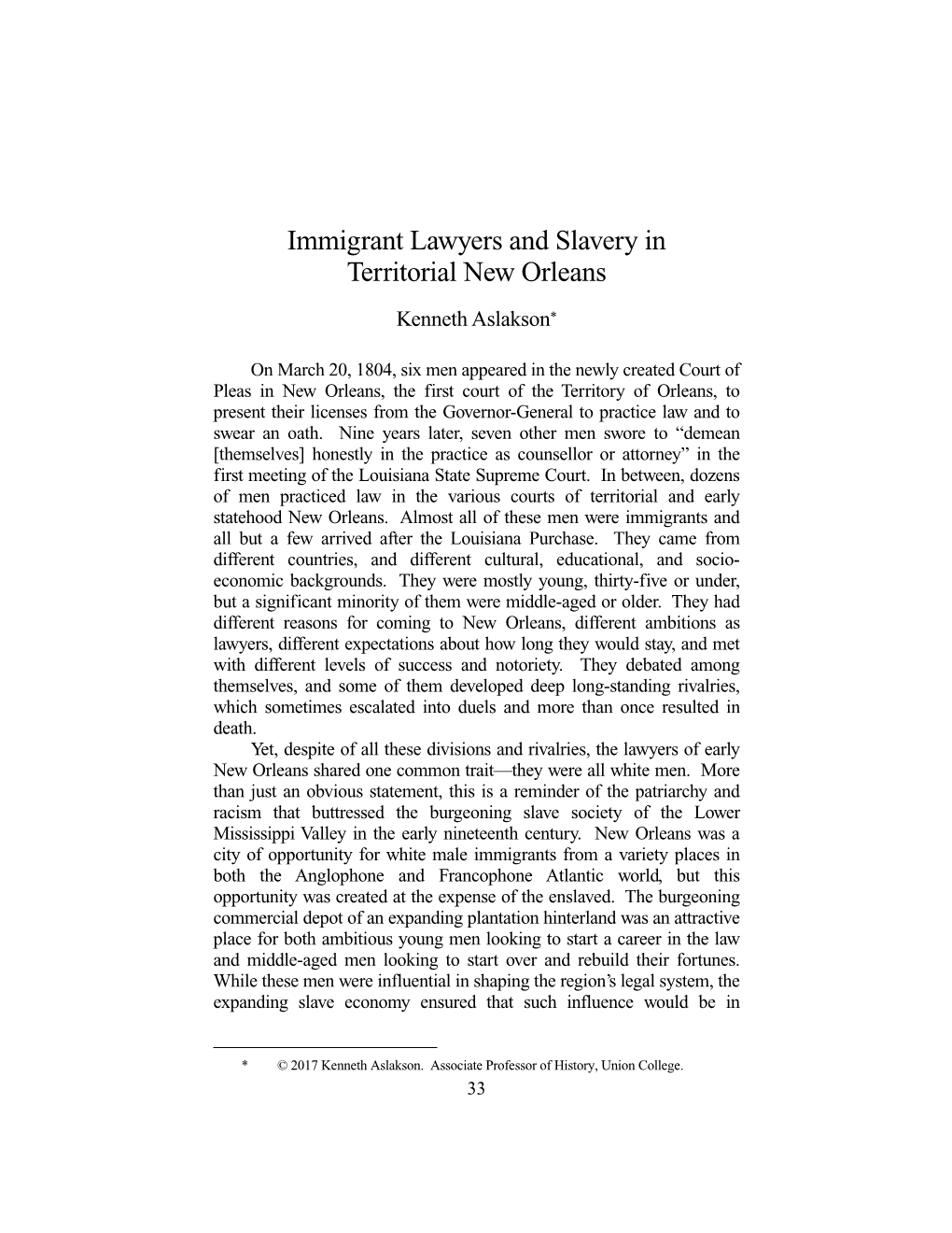 Immigrant Lawyers and Slavery in Territorial New Orleans