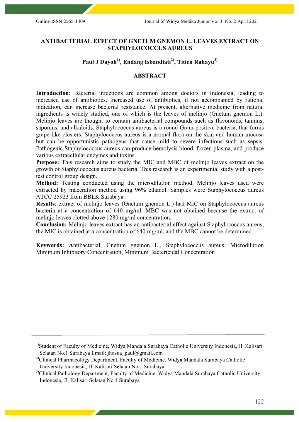 122 Antibacterial Effect of Gnetum Gnemon L. Leaves