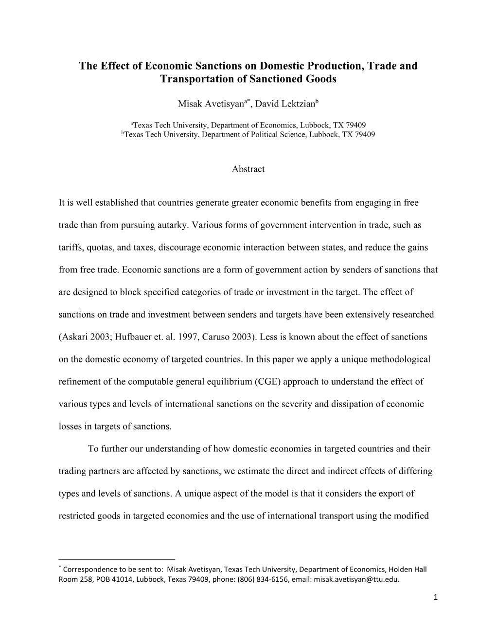 The Effect of Economic Sanctions on Domestic Production, Trade and Transportation of Sanctioned Goods