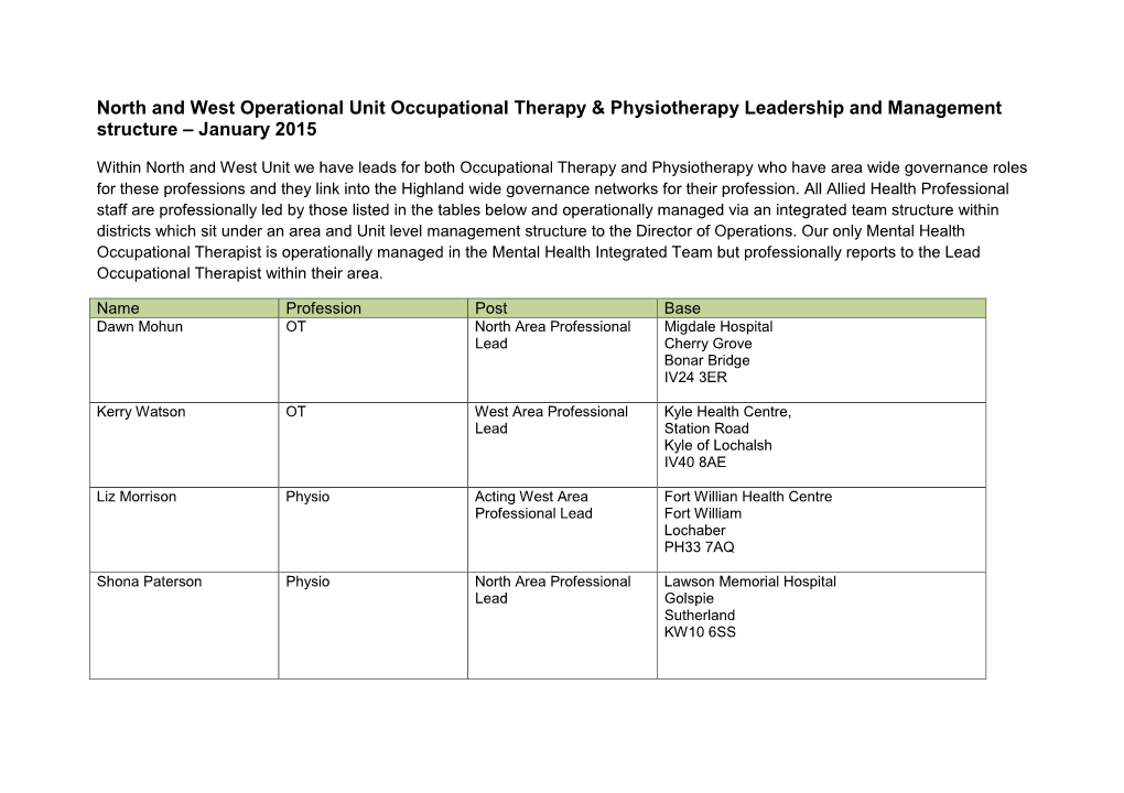 North and West Operational Unit Occupational Therapy & Physiotherapy Leadership and Management Structure – January 2015