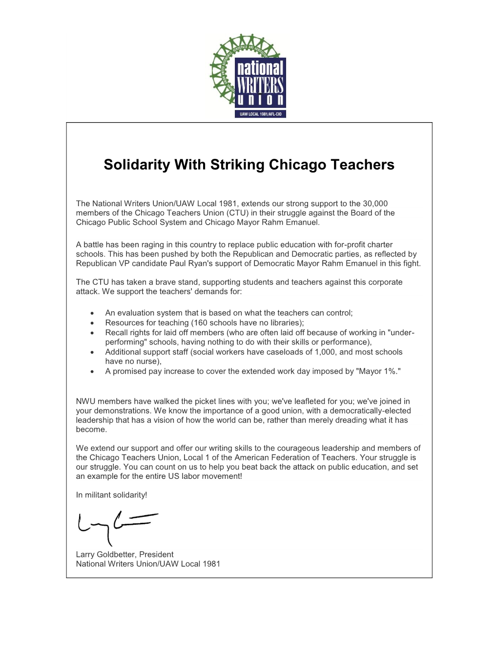 Solidarity with Striking Chicago Teachers