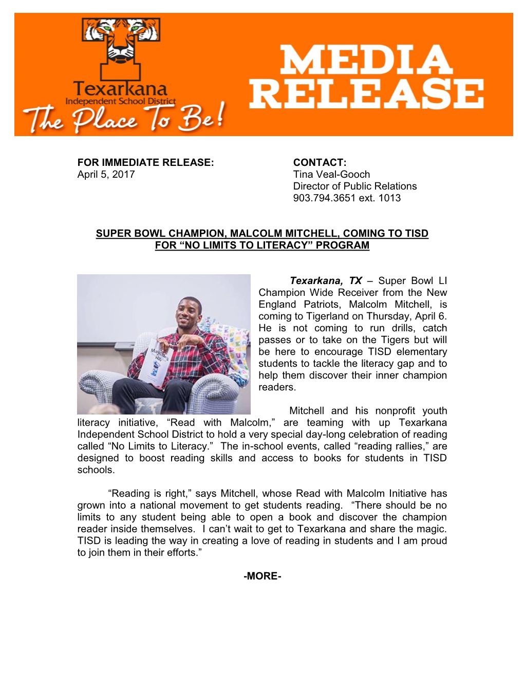 FOR IMMEDIATE RELEASE: CONTACT: April 5, 2017 Tina Veal-Gooch Director of Public Relations 903.794.3651 Ext