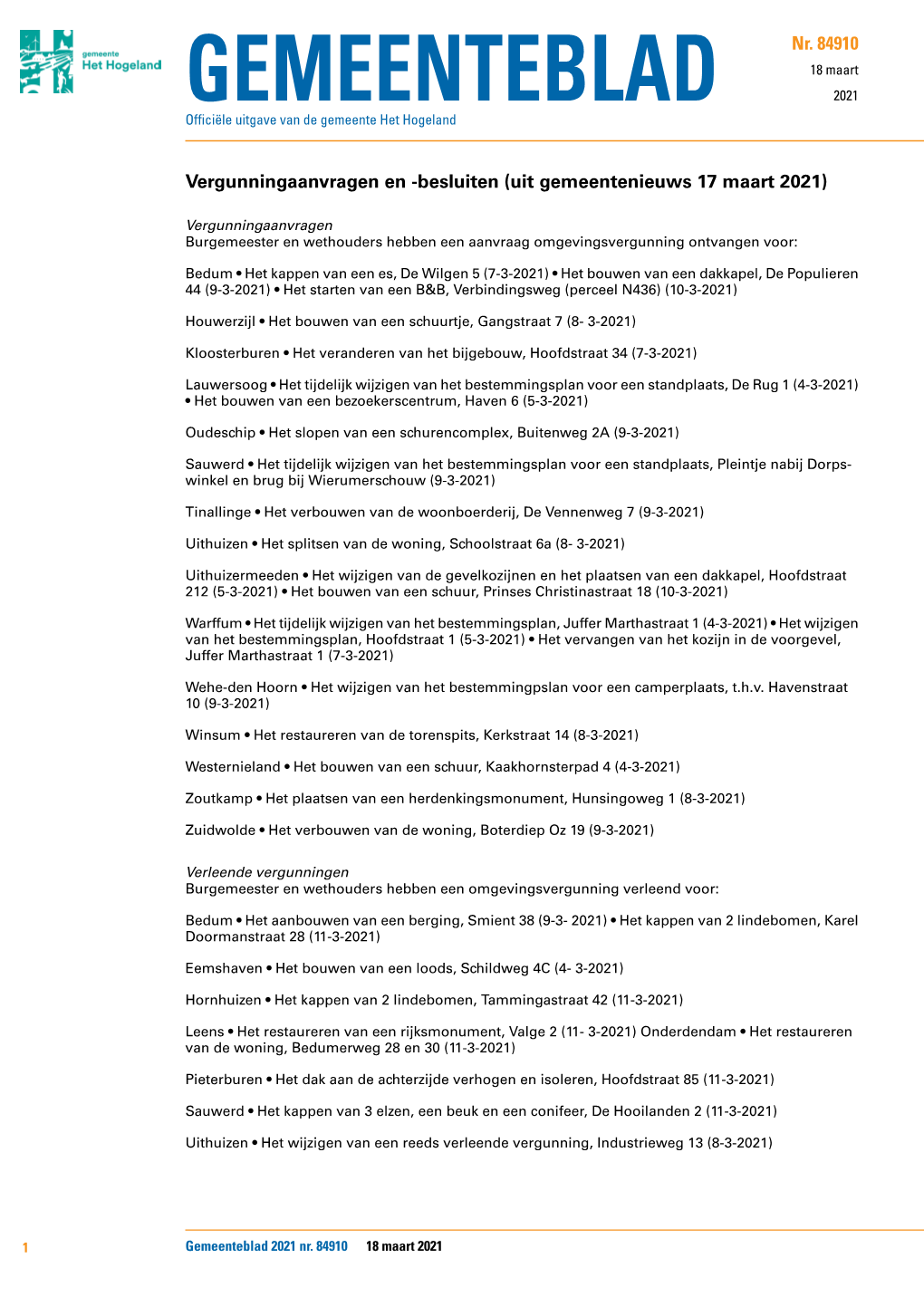 Vergunningaanvragen En -Besluiten (Uit Gemeentenieuws 17 Maart 2021)