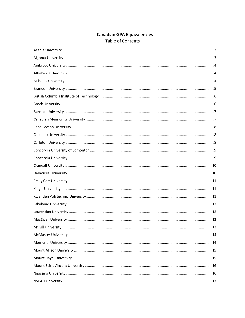 Canadian GPA Equivalencies Table of Contents