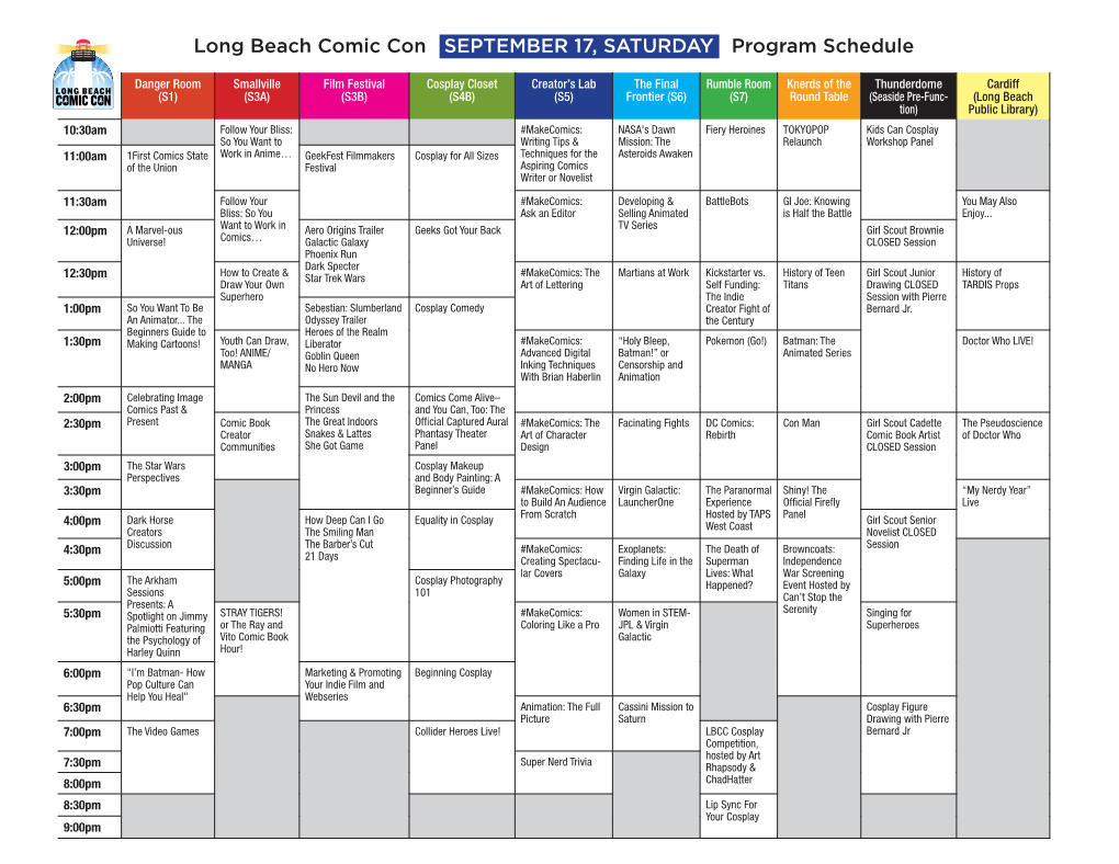 Long Beach Comic Con SEPTEMBER 17, SATURDAY Program Schedule