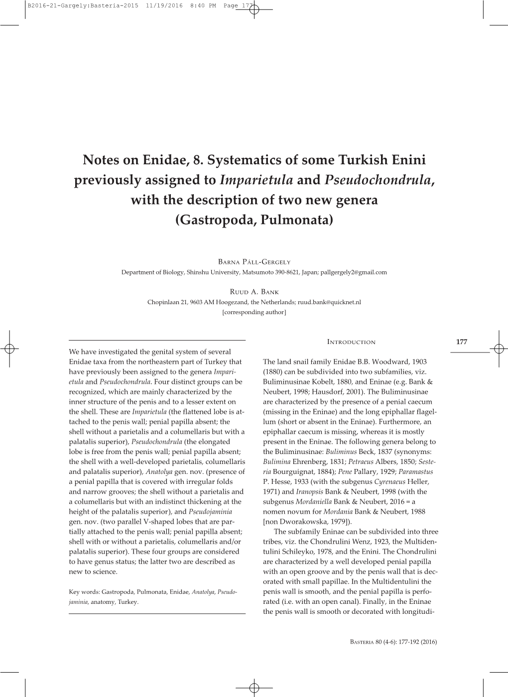 Notes on Enidae, 8. Systematics of Some Turkish Enini Previously