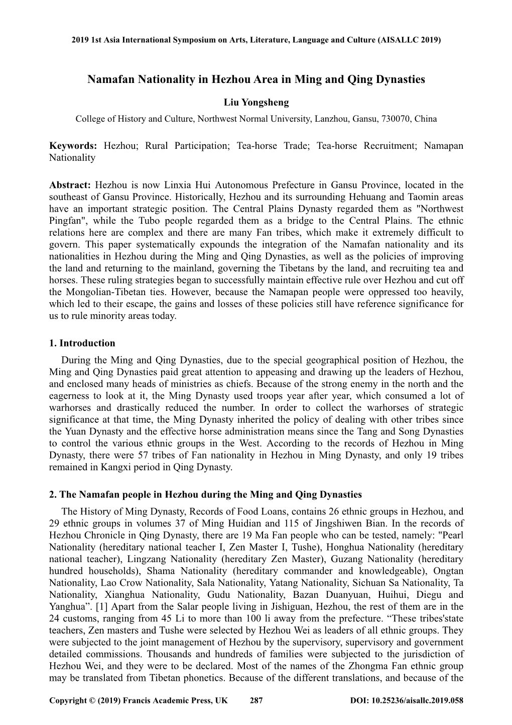 Namafan Nationality in Hezhou Area in Ming and Qing Dynasties