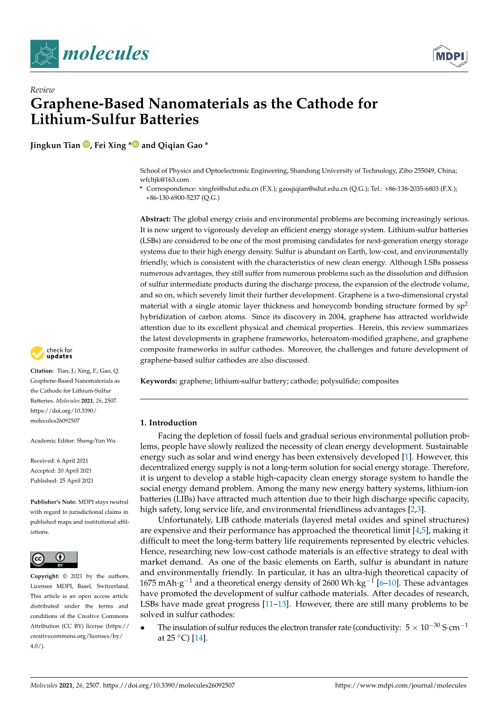 Graphene-Based Nanomaterials As the Cathode for Lithium-Sulfur Batteries