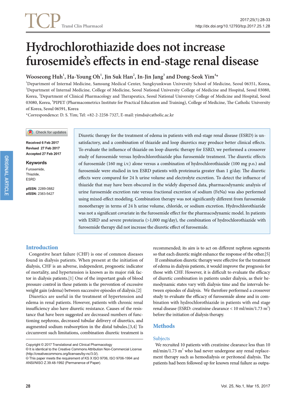 Hydrochlorothiazide Does Not Increase Furosemide's Effects in End