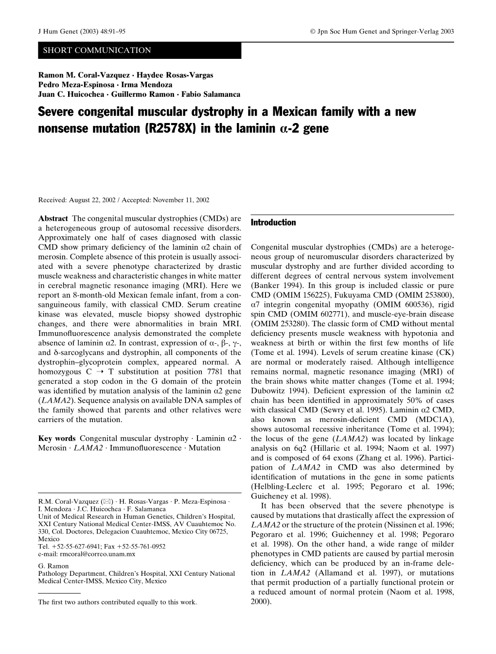 Severe Congenital Muscular Dystrophy in a Mexican Family with a New Nonsense Mutation (R2578X) in the Laminin Α-2 Gene