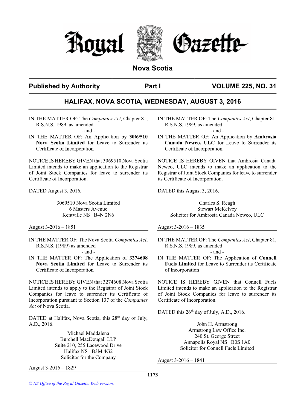 NS Royal Gazette Part I