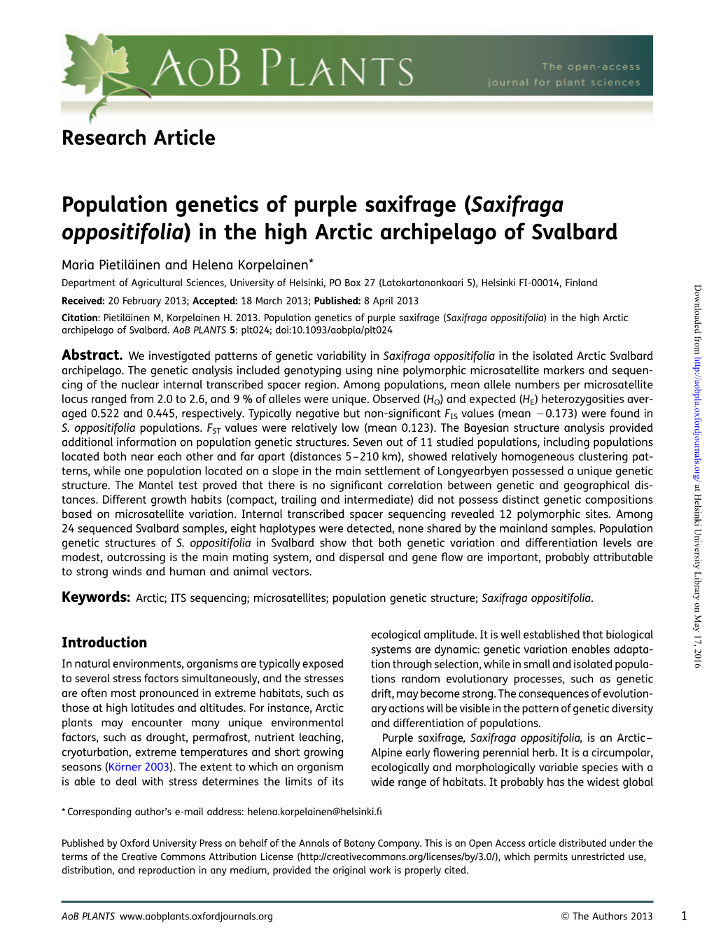 Saxifraga Oppositifolia) in the High Arctic Archipelago of Svalbard