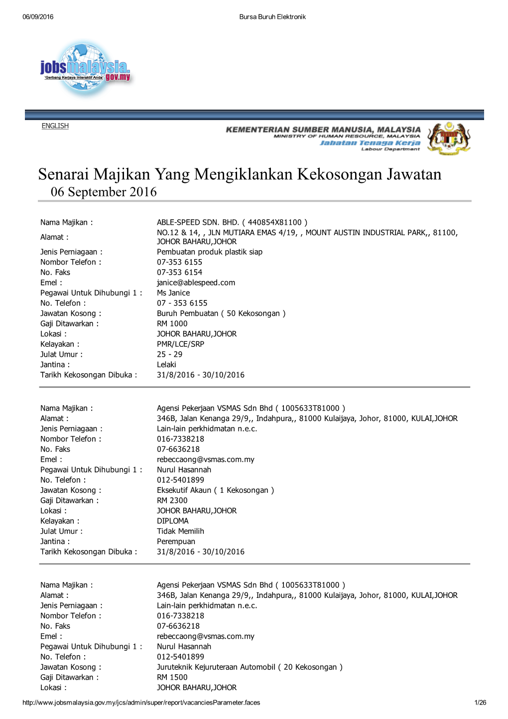 Senarai Majikan Yang Mengiklankan Kekosongan Jawatan 06 September 2016