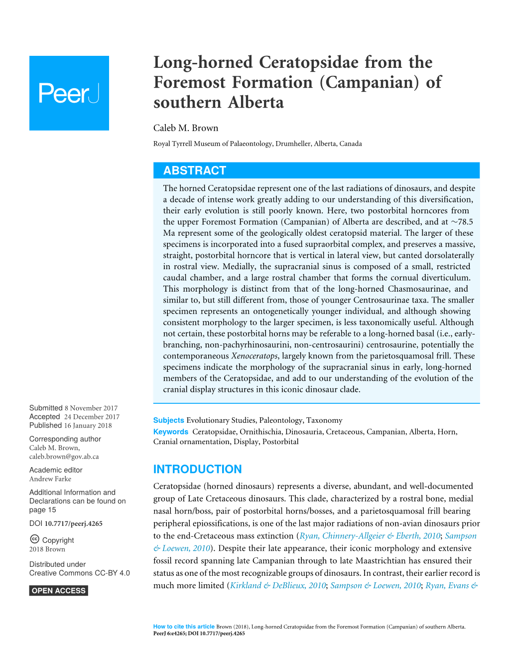 Long-Horned Ceratopsidae from the Foremost Formation (Campanian) of Southern Alberta