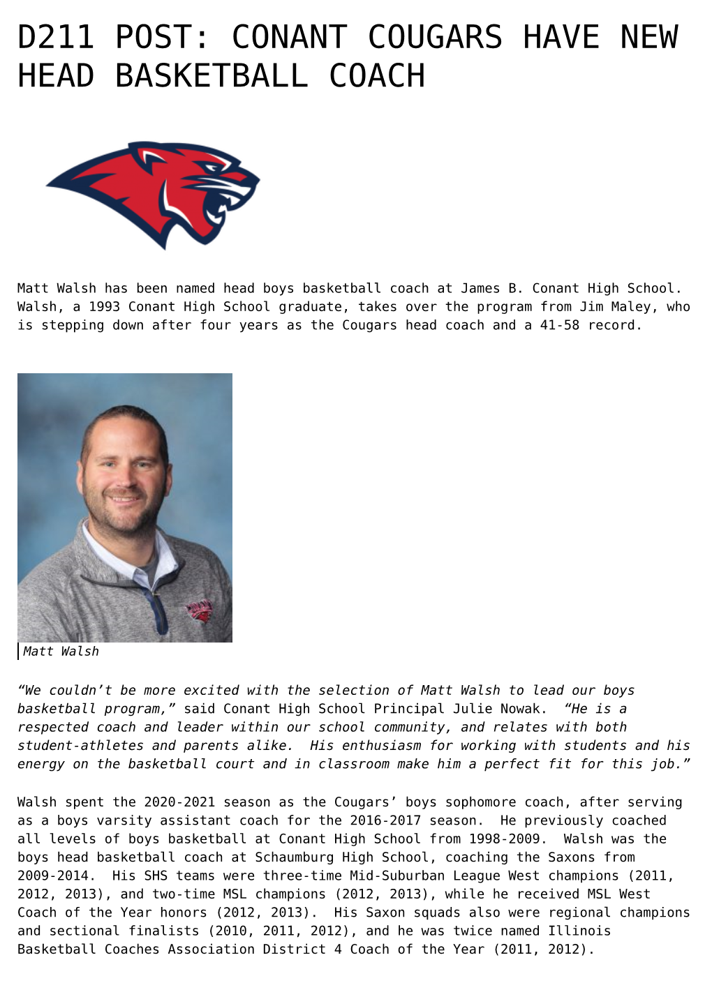 Conant Cougars Have New Head Basketball Coach,Saxons