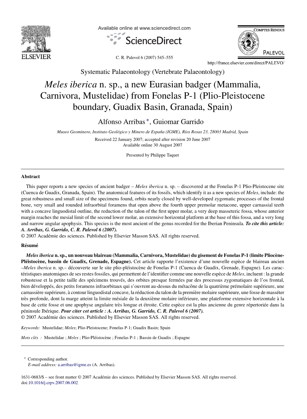 Meles Iberica N. Sp., a New Eurasian Badger (Mammalia, Carnivora, Mustelidae) from Fonelas P-1 (Plio-Pleistocene Boundary, Guadi