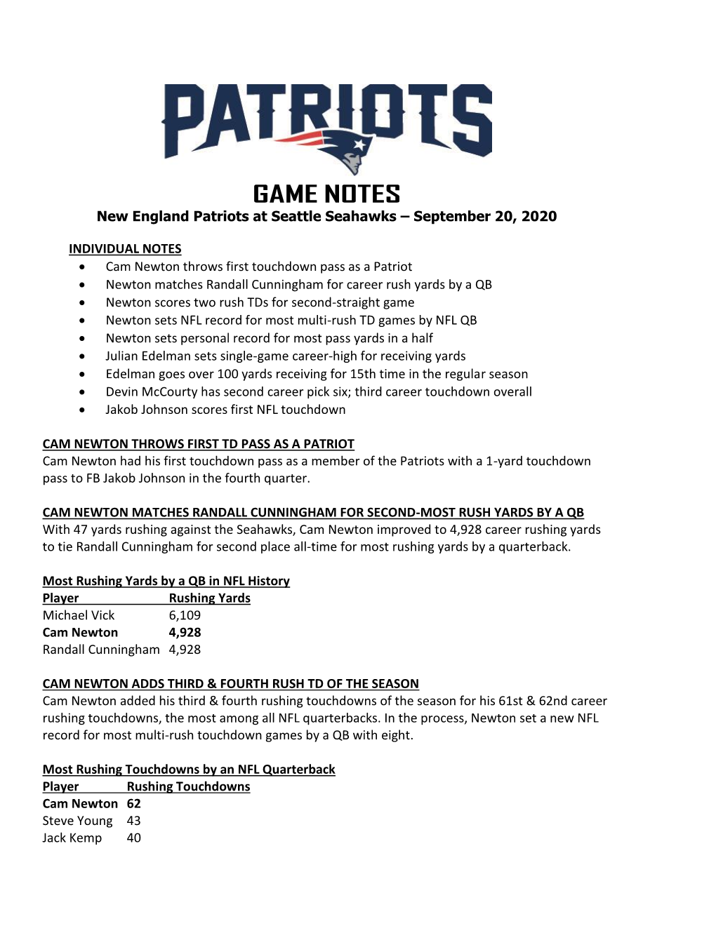 Patriots at Philadelphia Game Notes