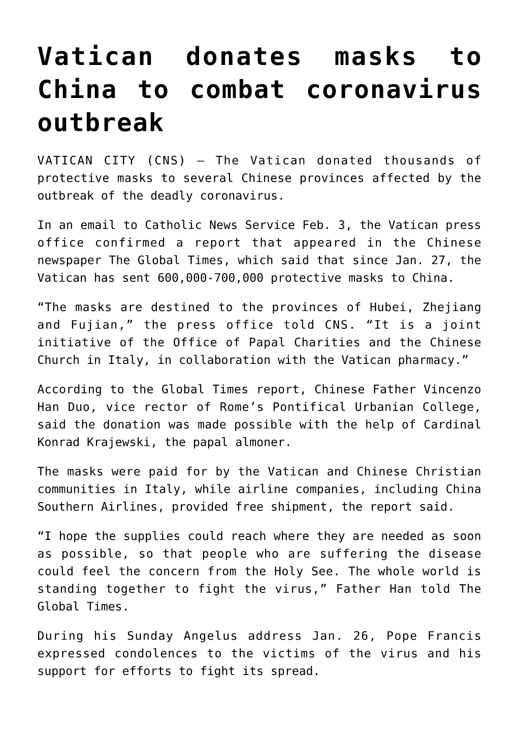Vatican Donates Masks to China to Combat Coronavirus Outbreak