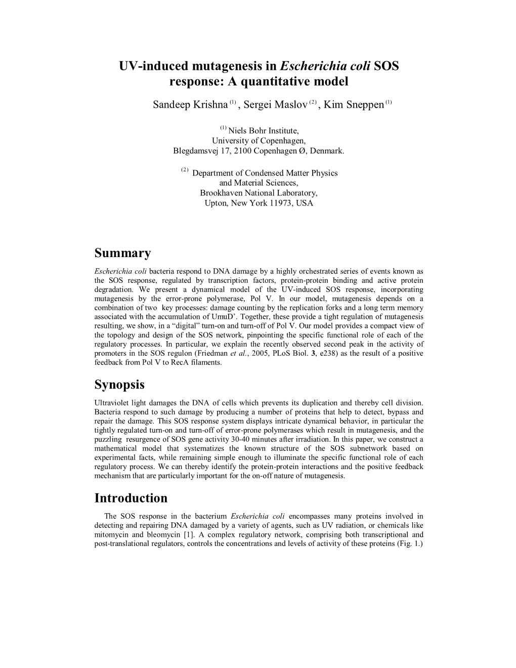 UV-Induced Mutagenesis in Escherichia Coli SOS Response: a Quantitative Model